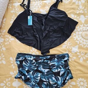 Black and Blue Leaf Print Bikini Set
